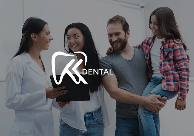 Smiling family with a dentist with a KK Dental logo overlay